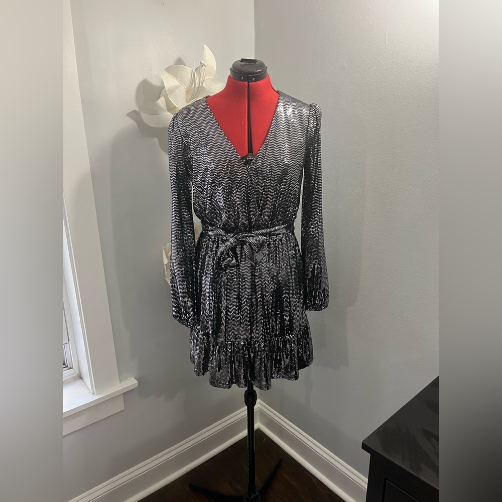 Michael Kors Silver Mini Dress. New. Size Small. Long Sleeves.